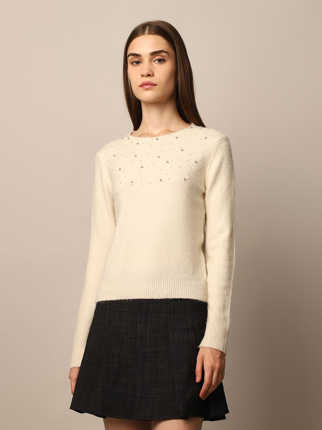 

ONLY Women Round Neck Long Sleeves Embellished Pullover, Beige