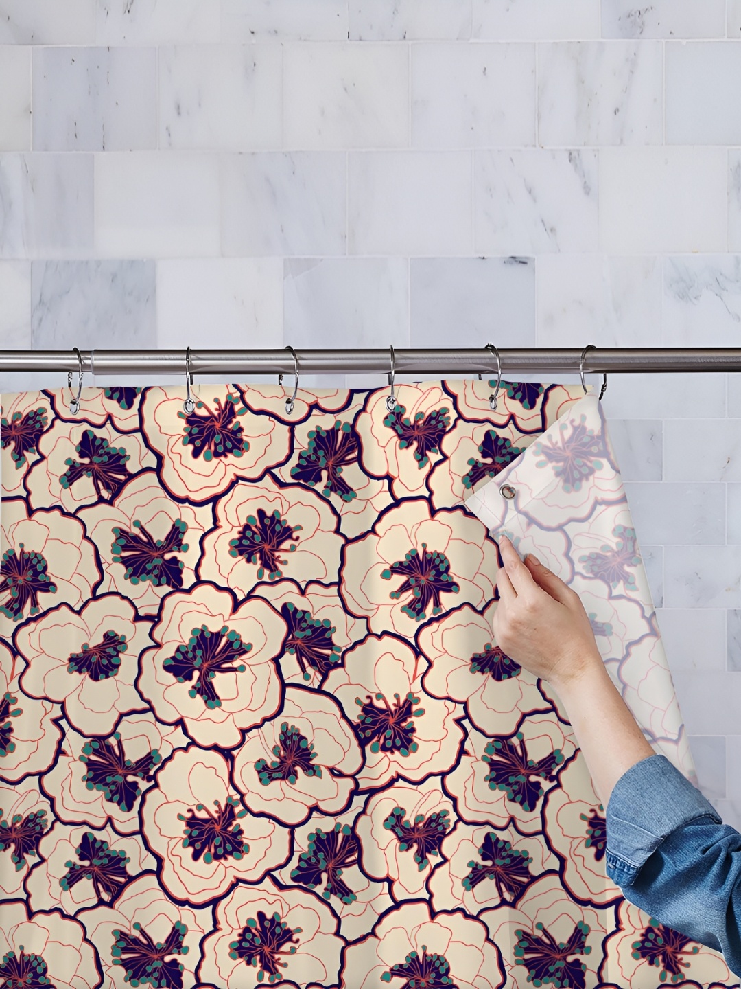 

ArtzFolio Beige & Blue Printed Waterproof Shower Curtain