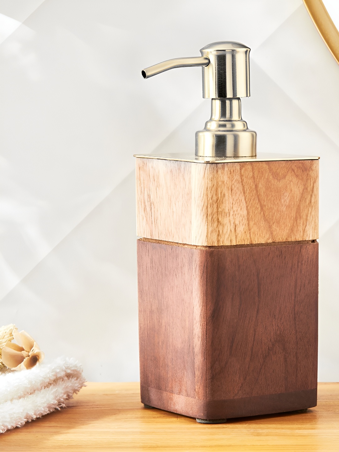 

Home Centre Brown & Beige Wood Soap Dispenser