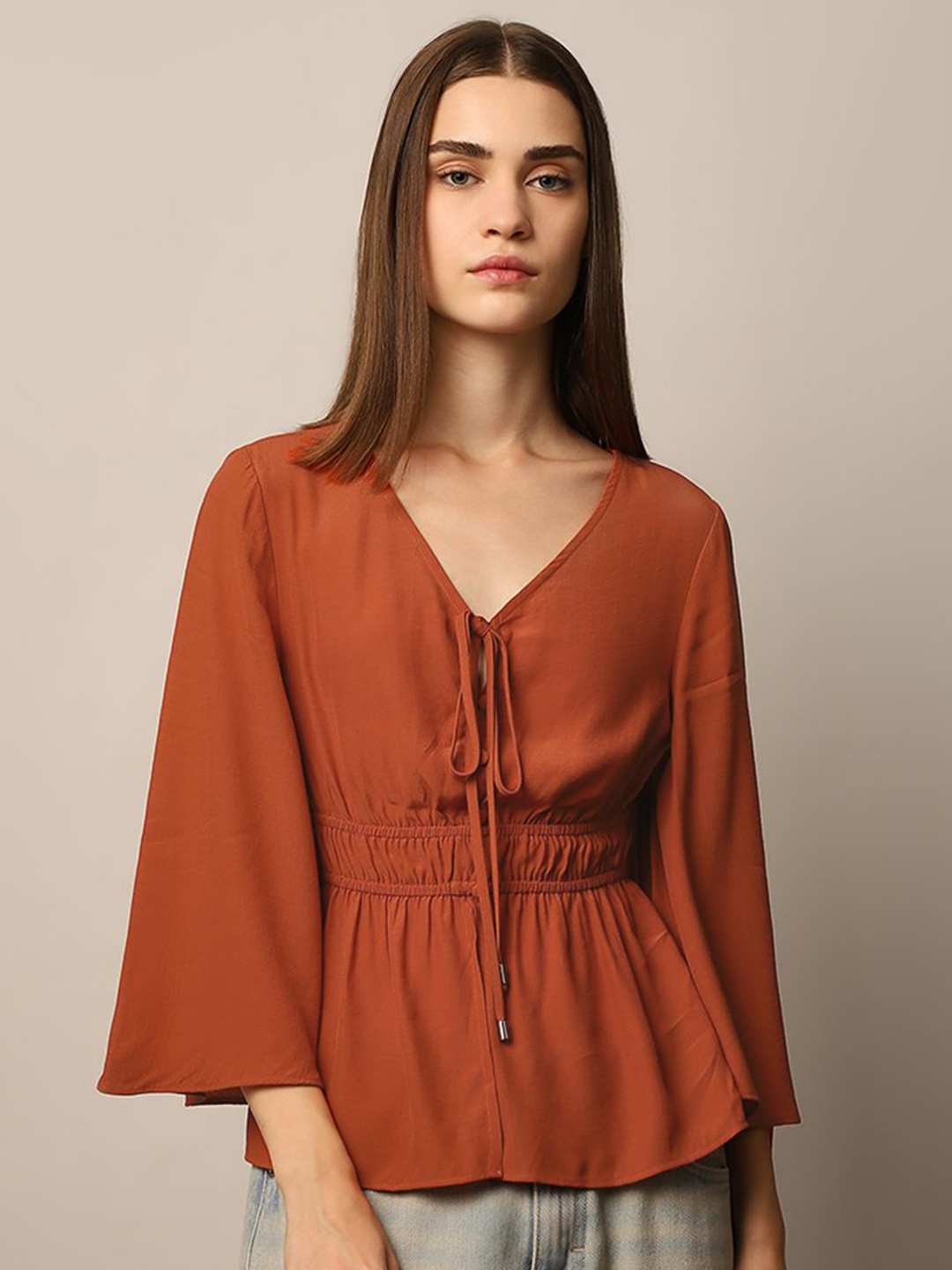 

ONLY Women V-Neck Flared Sleeve Bohemian Blouson Top, Brown