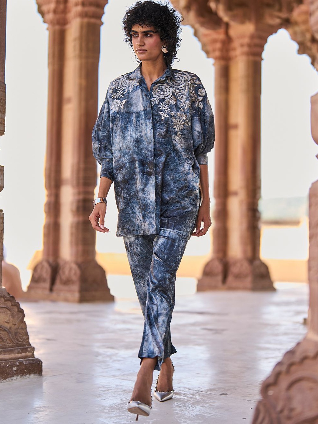 

Dash and Dot Embroidered Shirt With Trouser, Navy blue