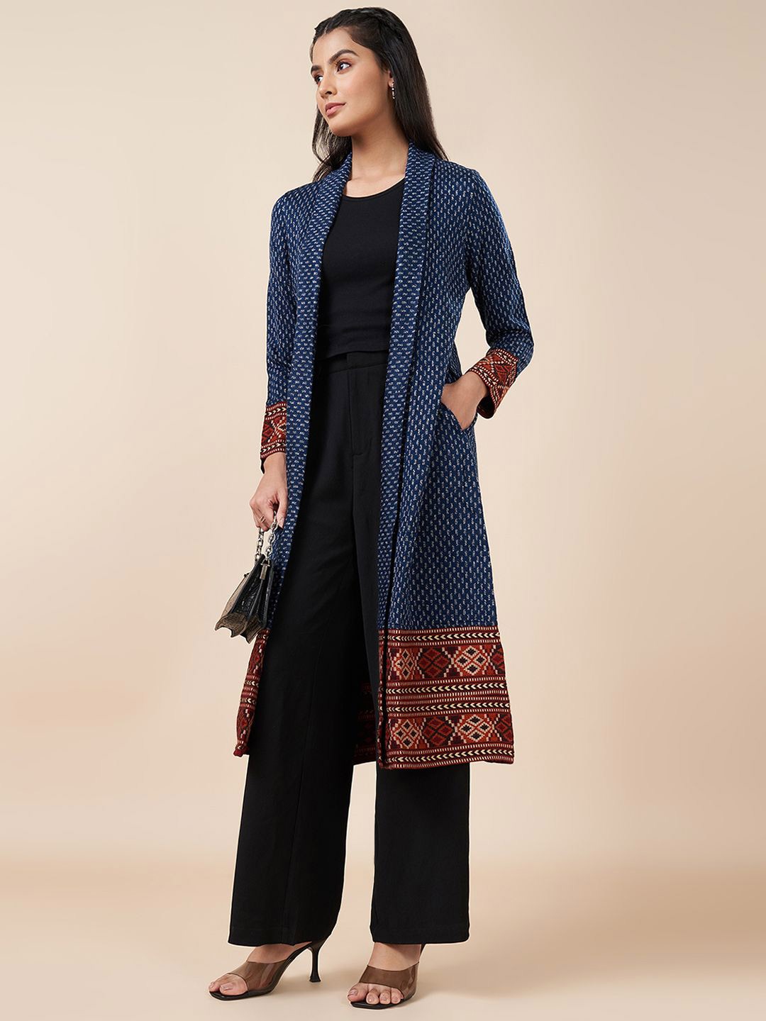 

RANGMANCH BY PANTALOONS Geometric Printed Longline Open Front Acrylic Shrug, Blue