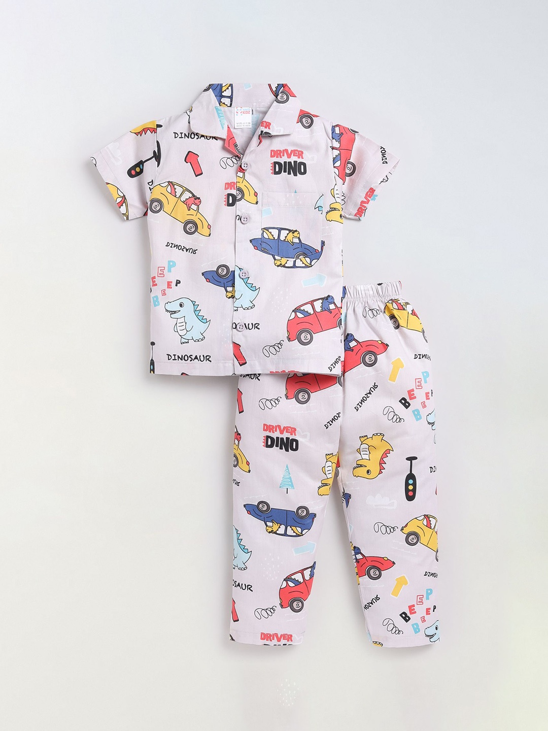 

NAUTI KIDZ Boys Printed Shirt Collar Short Sleeves Pure Cotton Night suit, Off white