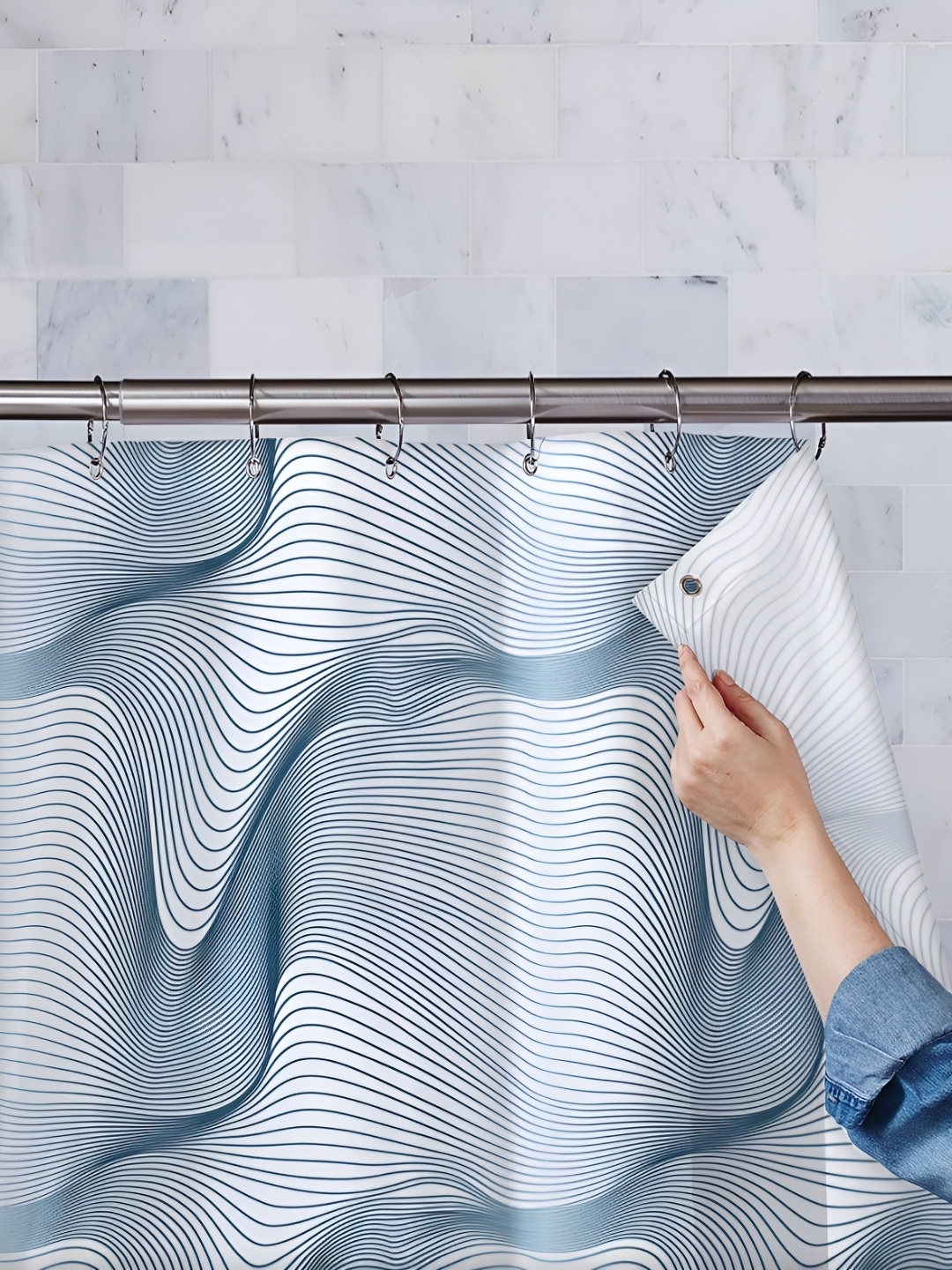 

ArtzFolio White & Blue Printed Waterproof Shower Curtain