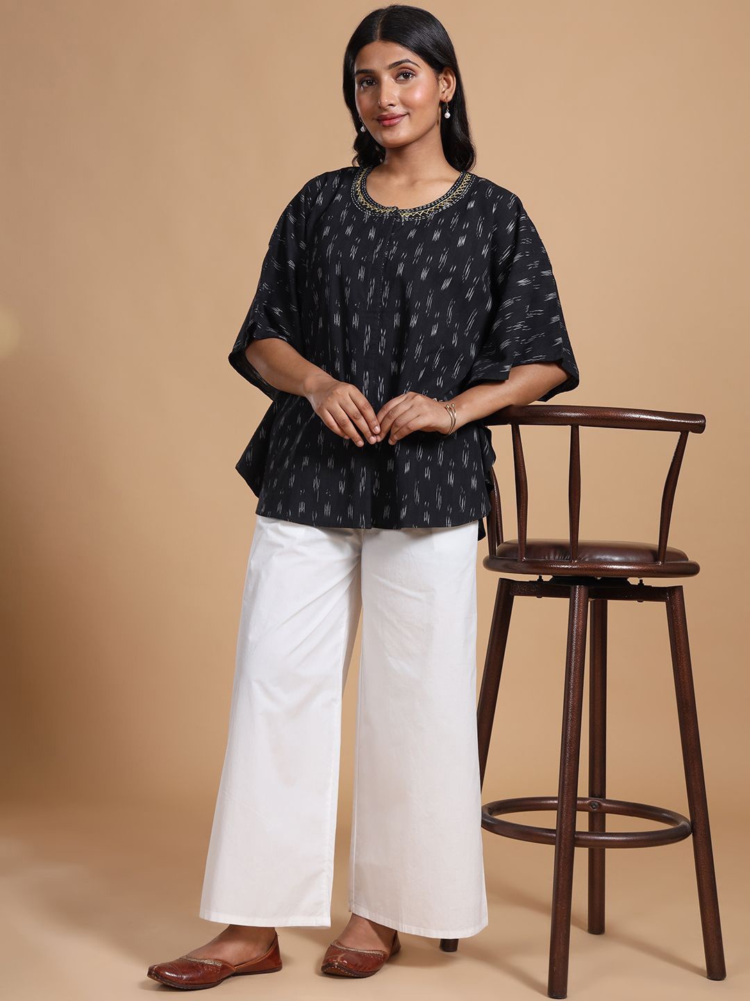 

THE WEAVE TRAVELLER Women Ethnic Motifs Cotton Kaftan Top, Black