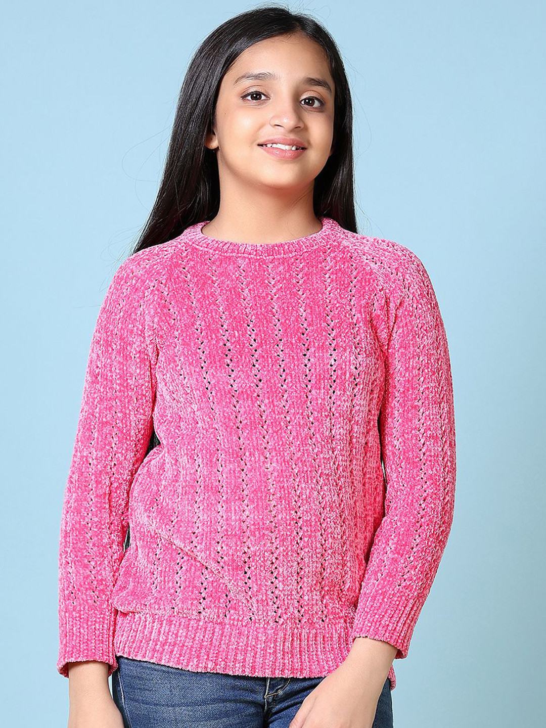 

V-Mart Girls Self Design Round Neck Pullover, Pink