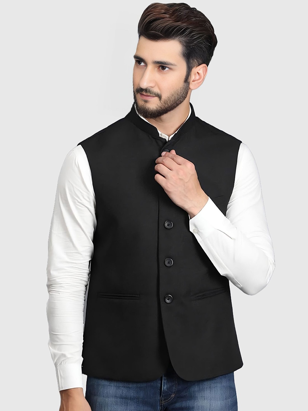 

BAESD Mandarin Collar Satin Nehru Jacket, Black