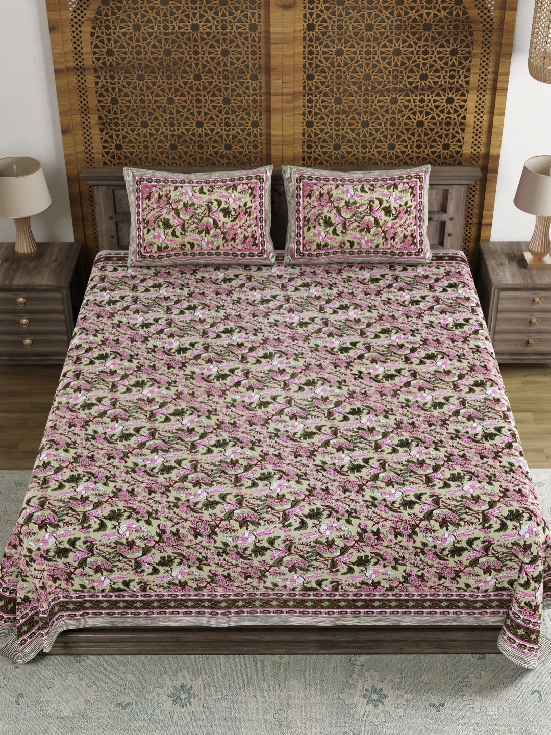 

BLOCKS OF INDIA Green & Purple Floral 120 TC King Bedsheet Set 2.18 m x 2.64 m