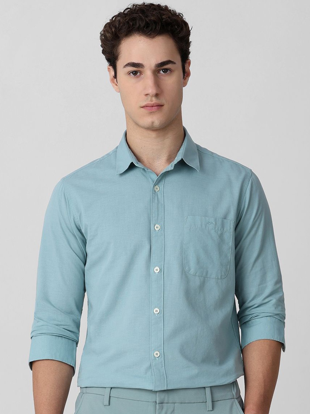 

Mufti Men Spread Collar Solid Cotton Slim Fit Casual Shirt, Turquoise blue