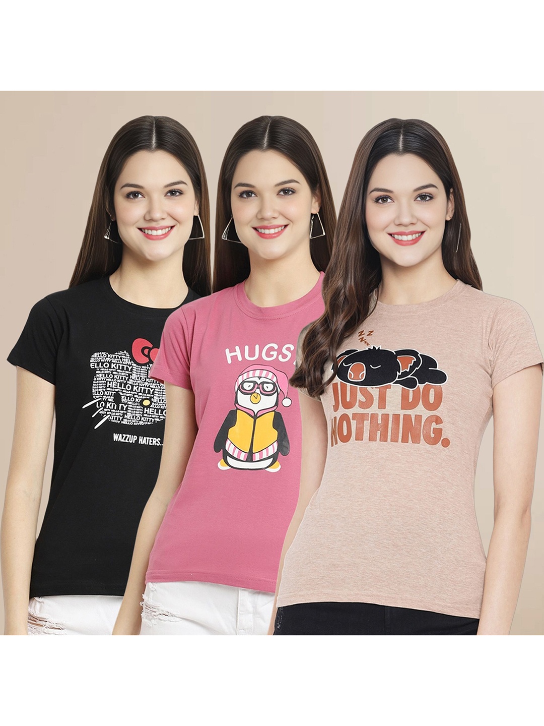 

Metronaut Women Pack Of 3 Typography Printed Round Neck Cotton T-shirts, Black