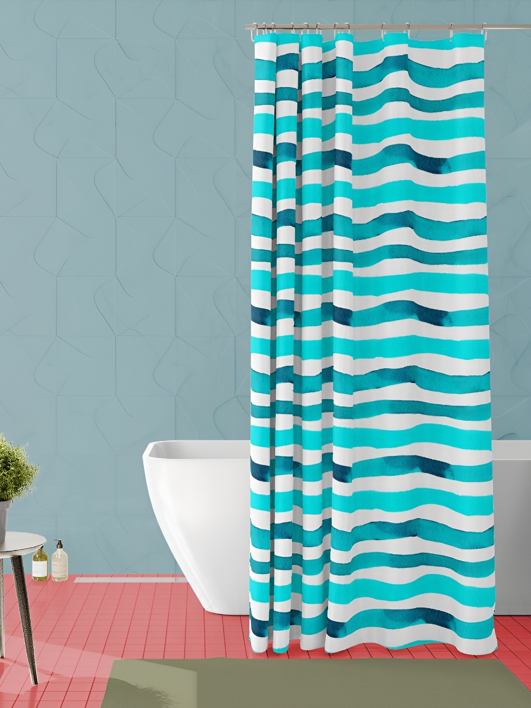 

ArtzFolio Turquoise Blue & White Striped Waterproof Shower Curtain