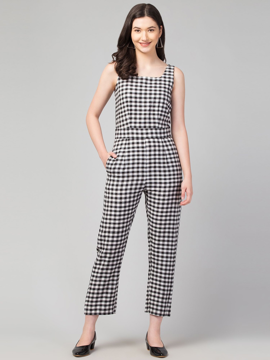 

Zuvino Checked Cotton Square Neck Basic Jumpsuit, Black