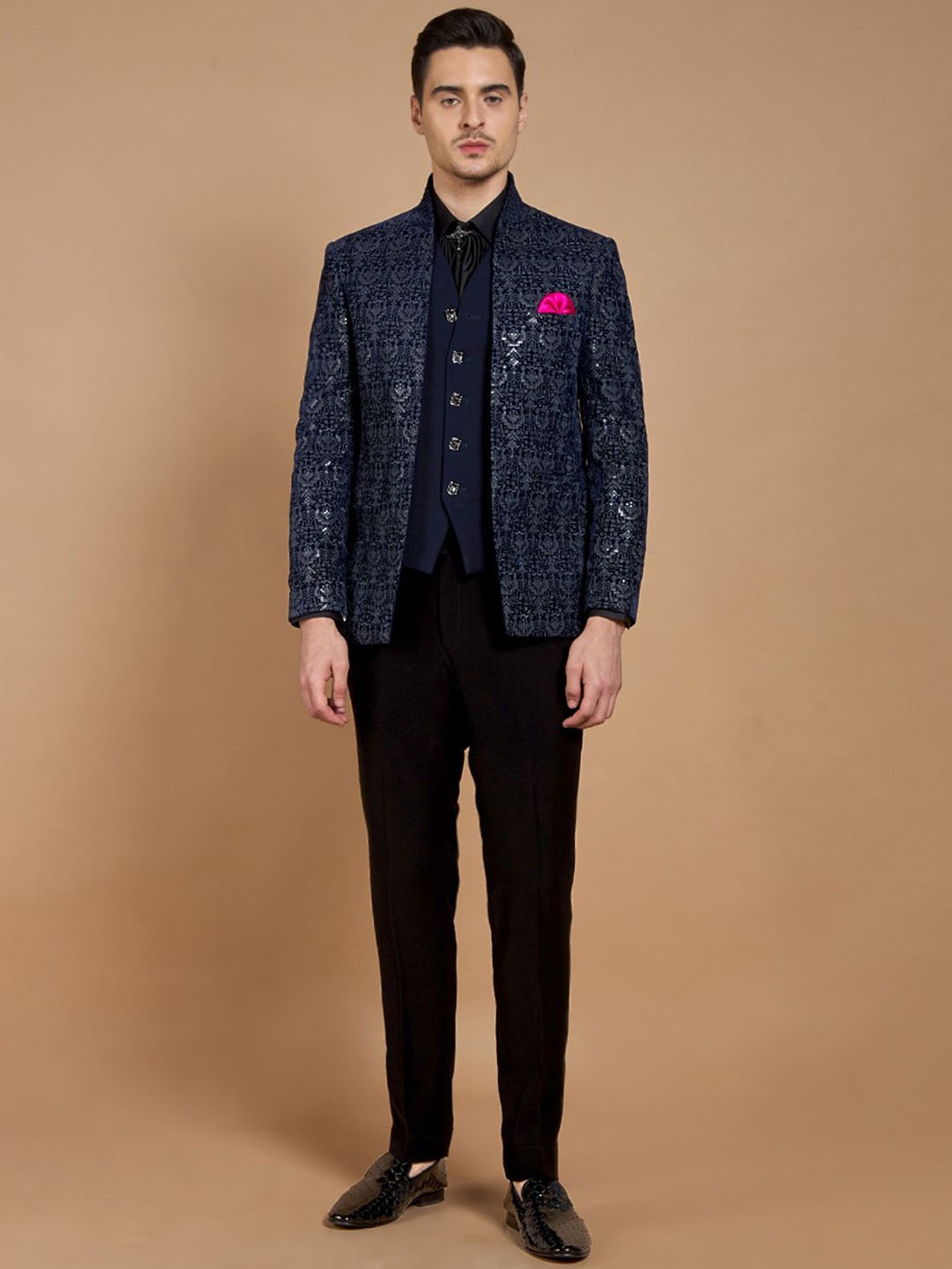 

Neumen Men Sequins Single-Breasted 4 Piece Suits, Navy blue