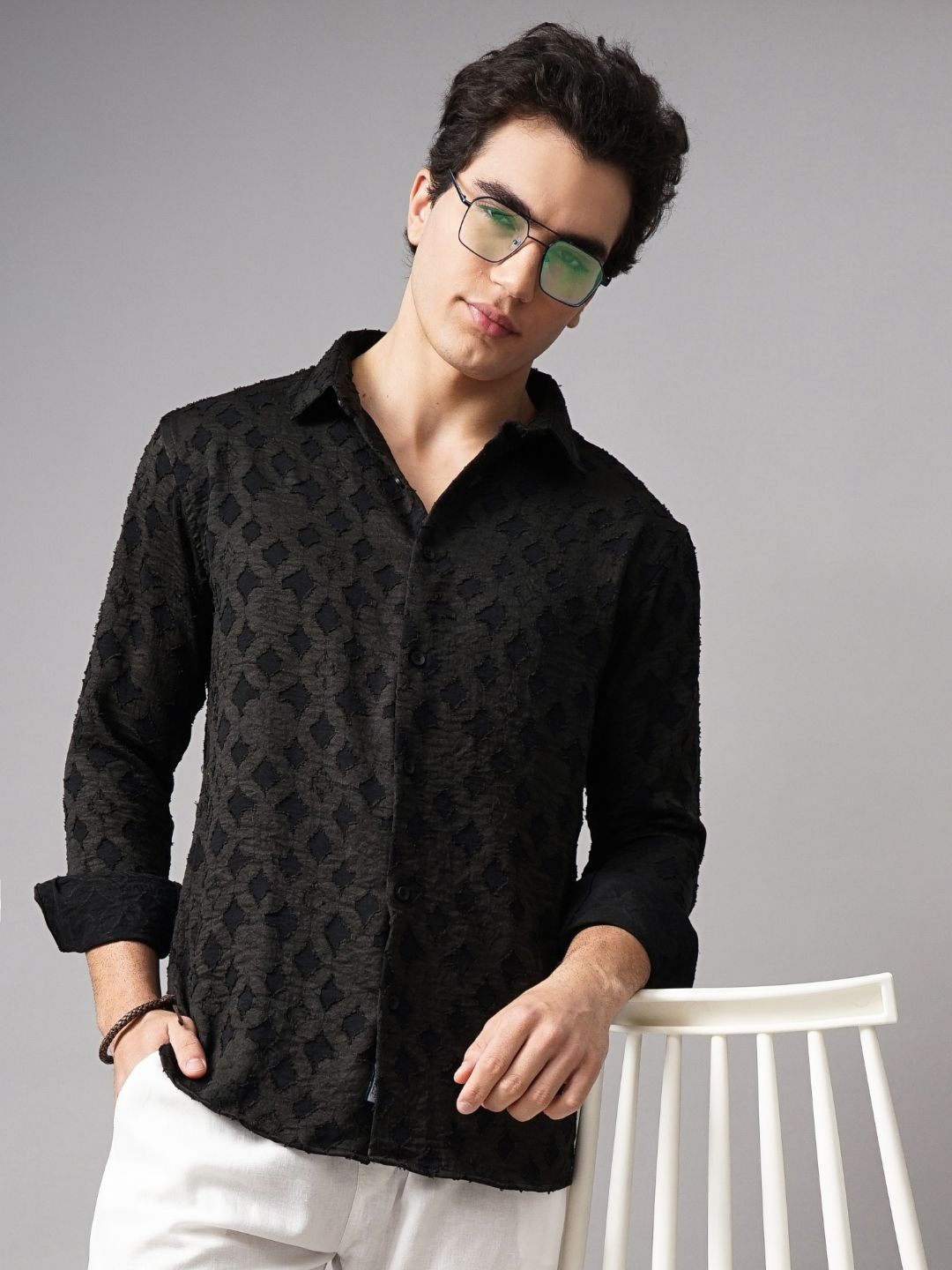 

PAUL STREET Men Relaxed Spread Collar Textured Relaxed Fit Casual Shirt, Green