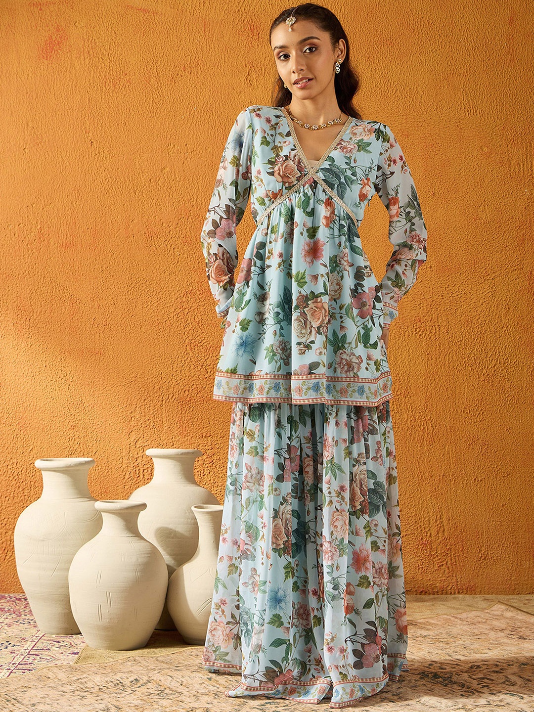 

Noh.Voh - SASSAFRAS Kids Girls Floral Printed V-Neck Tunic With Sharara, Blue