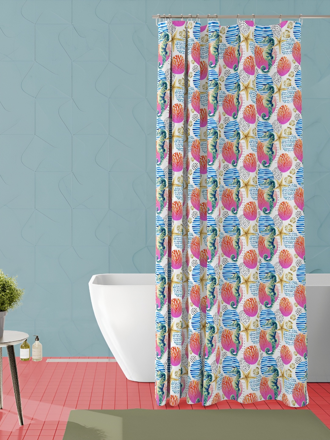 

ArtzFolio Off White & Blue Printed Waterproof Shower Curtain