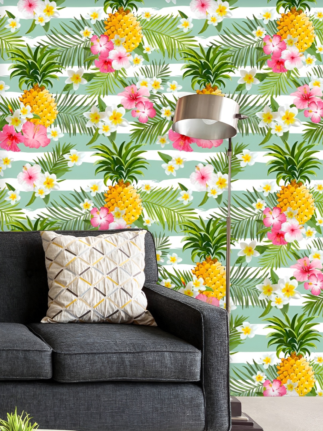 

ArtzFolio Printed UV-Resistant Anti-Bacterial Pineapples Tropical Flowers Peel & Stick Wallpaper, Multi