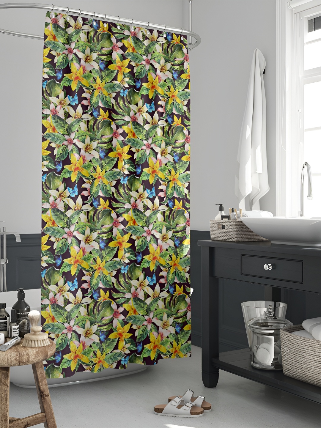 

ArtzFolio Green & Yellow Floral Printed Waterproof Shower Curtain