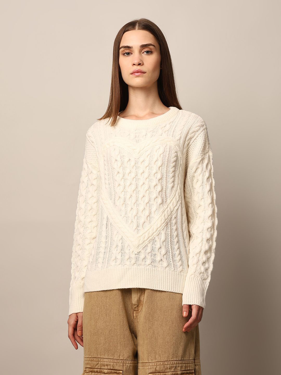 

ONLY Women Self Design Cable Knit Pullover Sweater, Cream