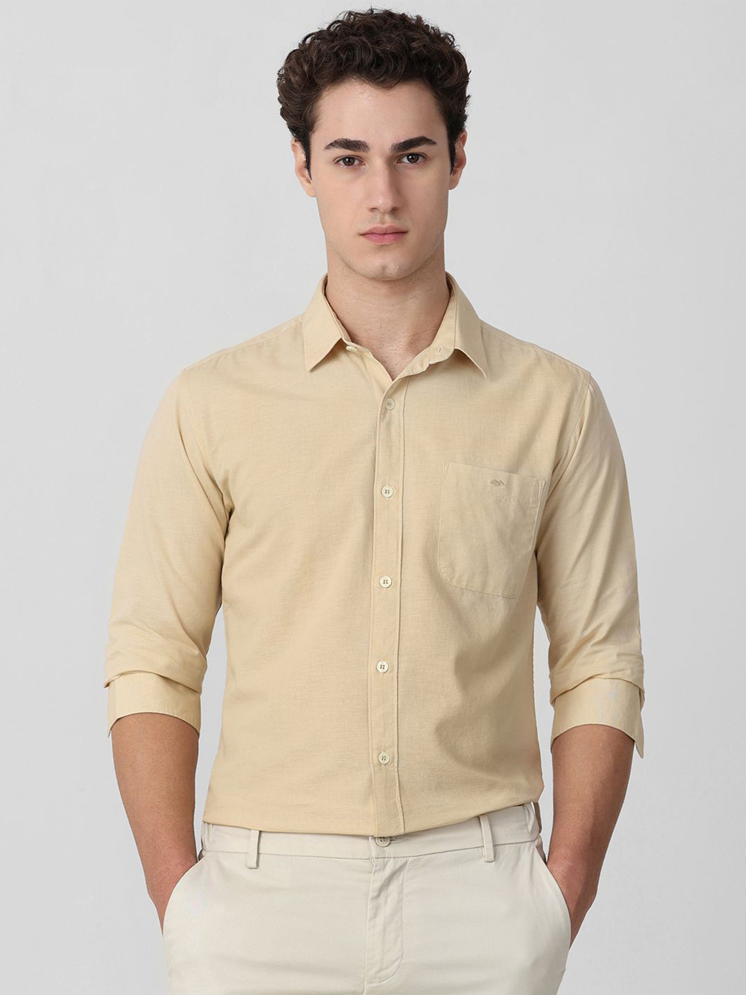 

Mufti Men Spread Collar Solid Cotton Slim Fit Casual Shirt, Beige