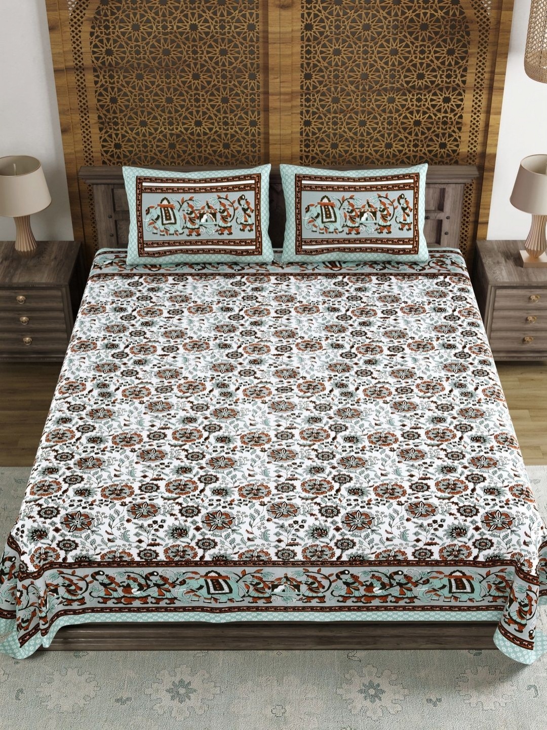 

BLOCKS OF INDIA White & Blue Ethnic Motifs 120 TC King Bedsheet Set 2.18 m x 2.64 m