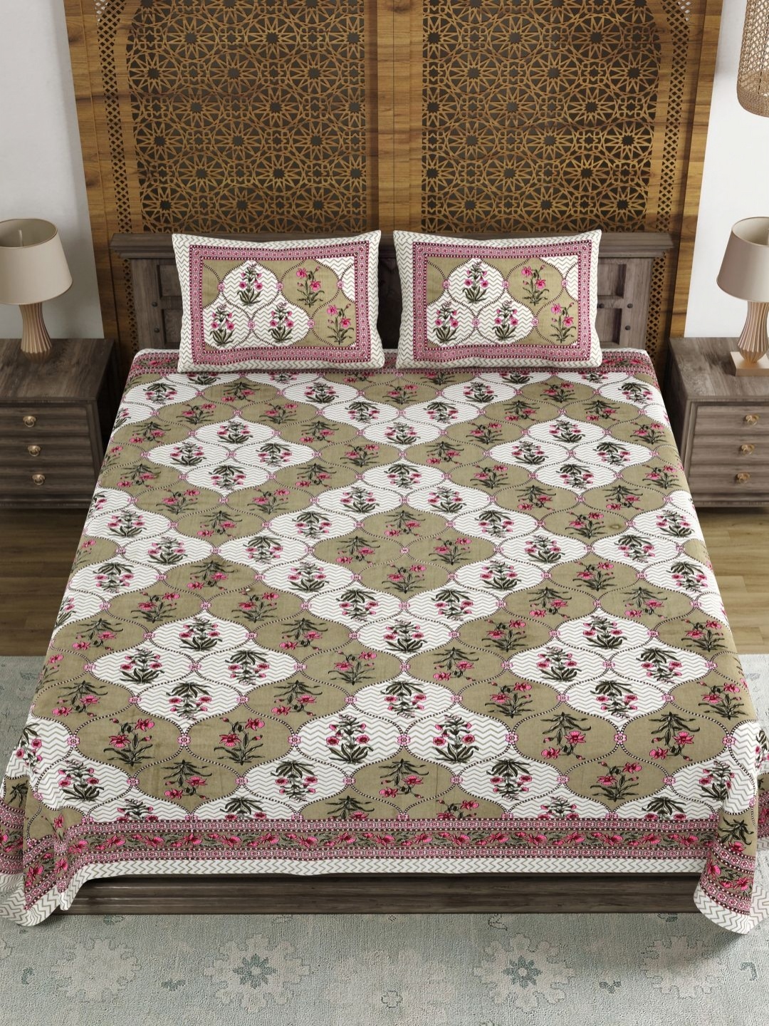 

BLOCKS OF INDIA Green & White Ethnic Motifs 120 TC King Bedsheet Set 2.18 m x 2.64 m