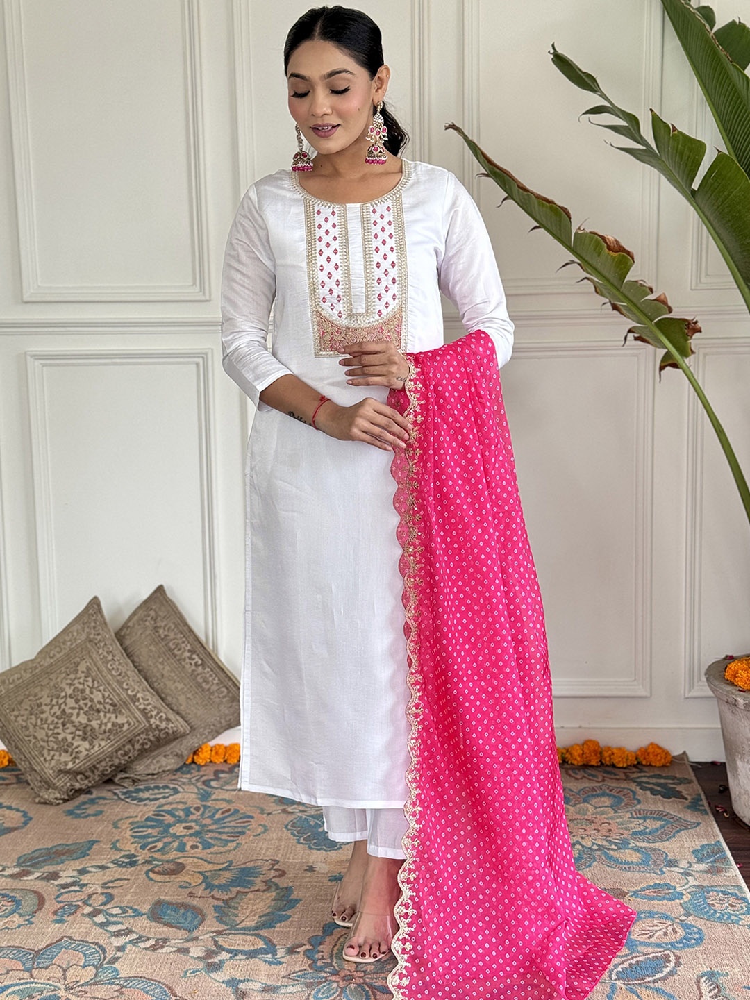 

KALINI Ethnic Motifs Embroidered Sequinned Kurta with Trouser & Dupatta, Pink