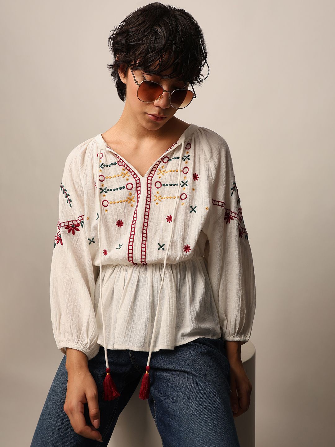 

ONLY Women Embroidered Tie-Up Neck Puff Sleeve Bohemian Peplum Top, Cream
