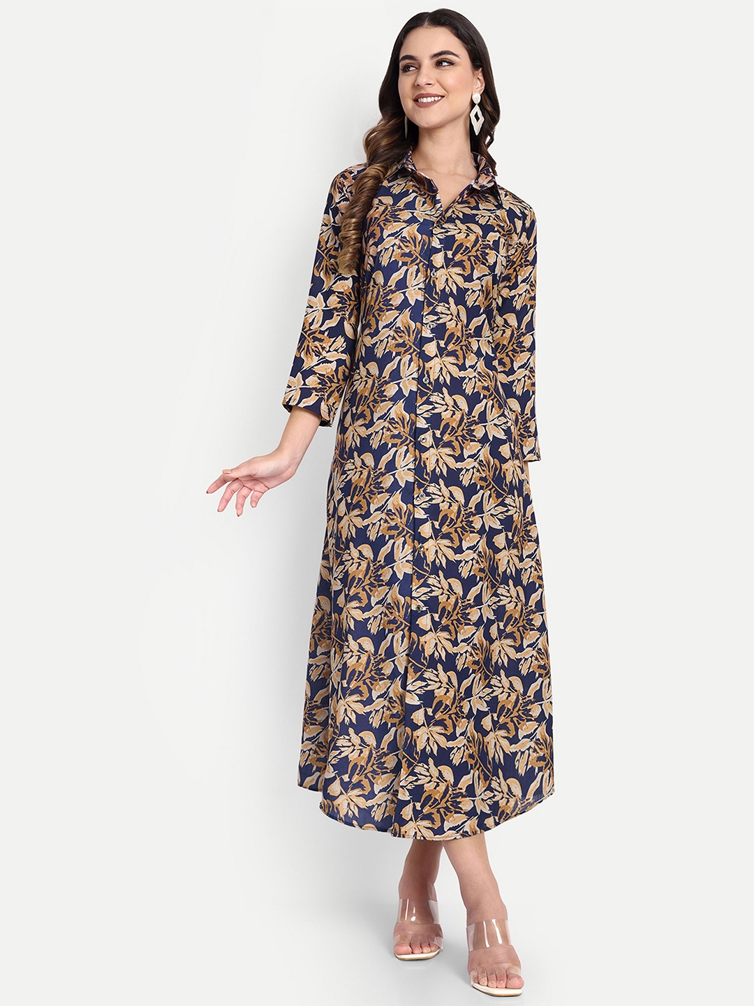 

TILISM Women Floral Printed A-Line Midi Dress, Mustard