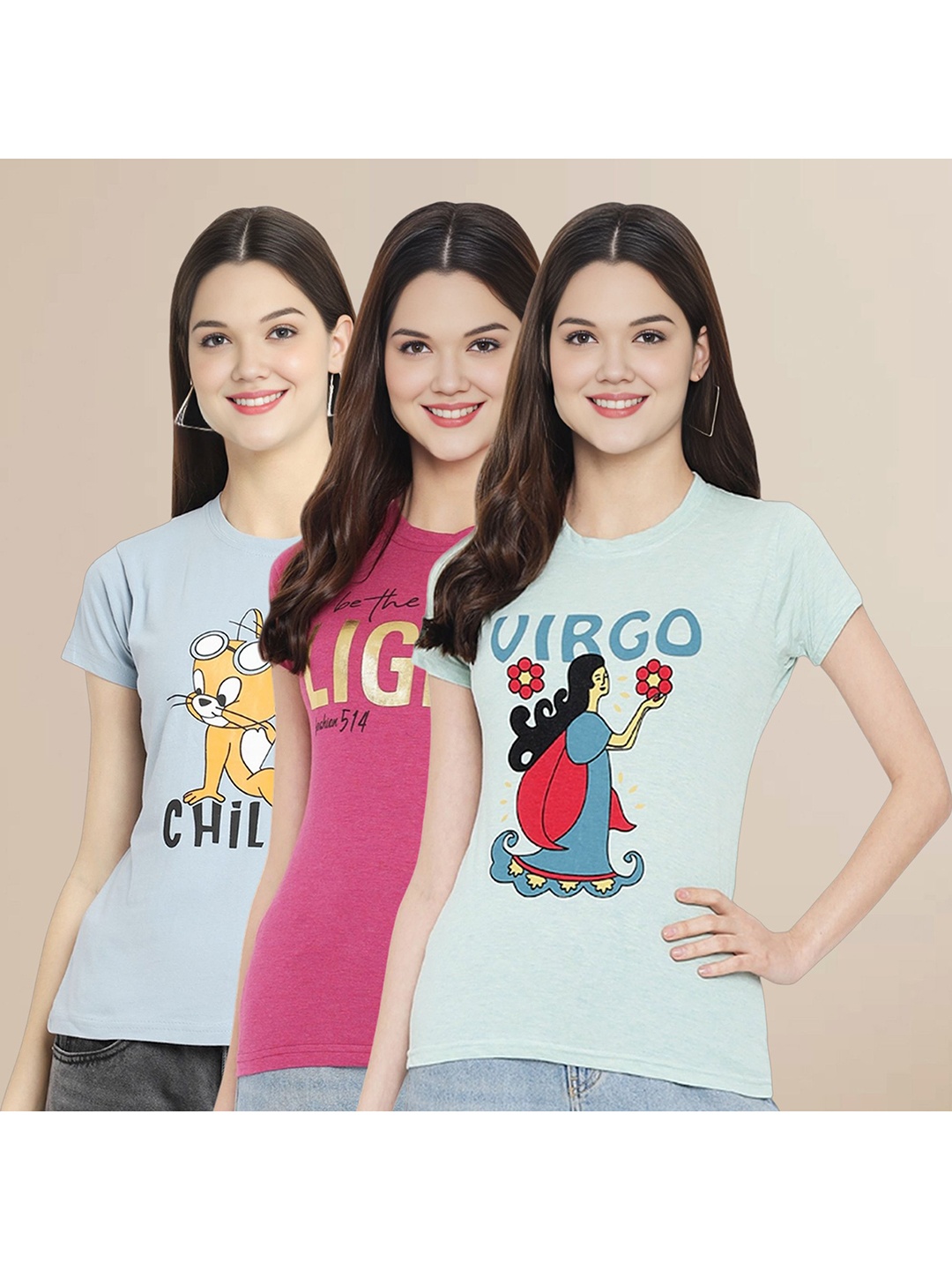 

Metronaut Women Pack Of 3 Graphic Printed Round Neck Cotton Tom & Jerry T-shirts, Blue