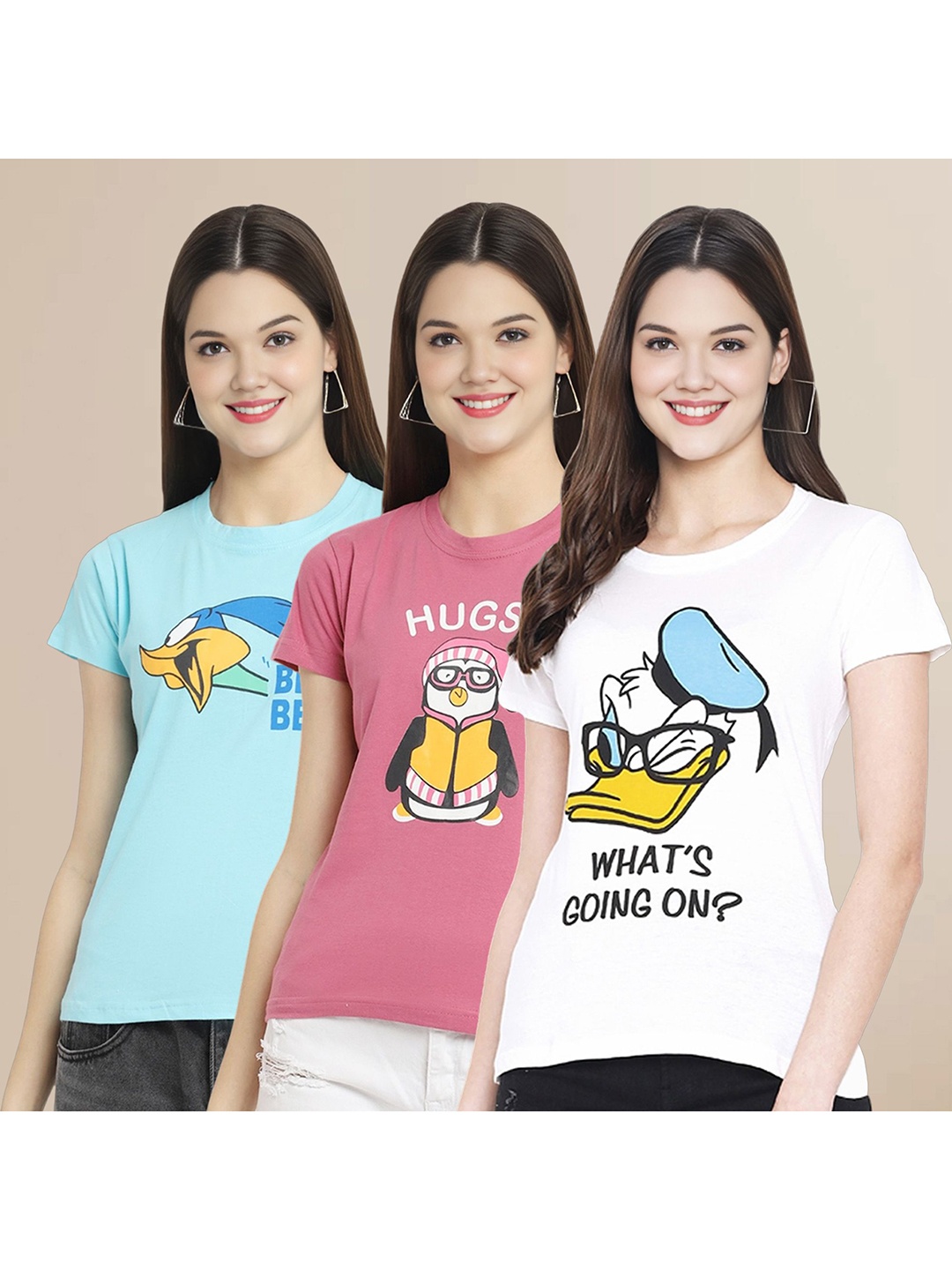 

Metronaut Women Pack Of 3 Graphic Printed Round Neck Cotton Donald Duck T-shirts, Blue