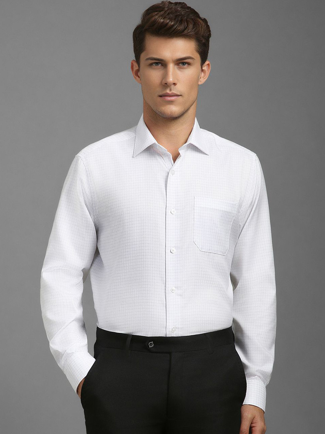 

Louis Philippe Men Classic Spread Collar Micro Checked Cotton Formal Shirt, White