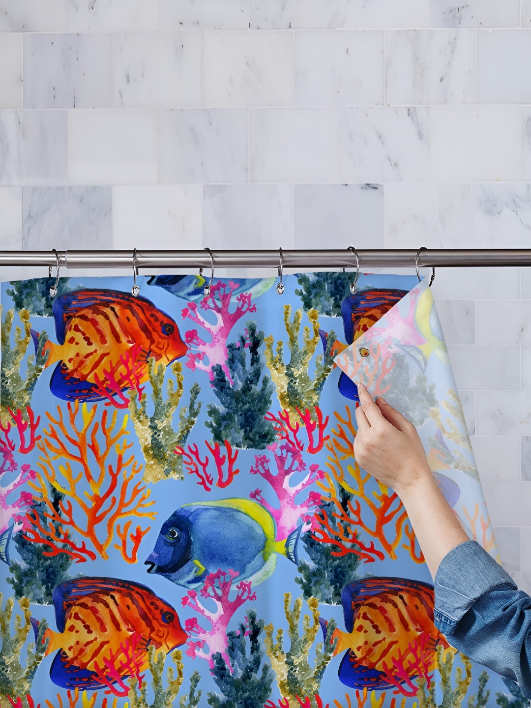 

ArtzFolio Blu & Pink Printed Waterproof Shower Curtain, Blue