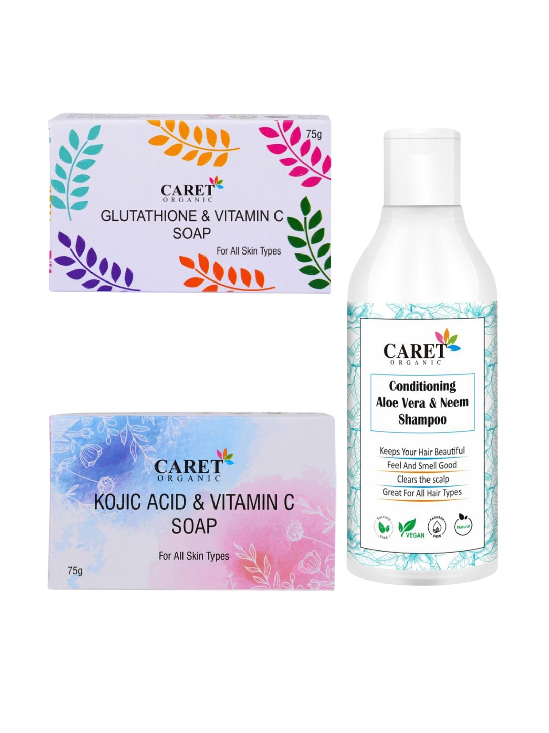 

CARET ORGANIC Set Of 3 Glutathione Soap With Kojic Acid Soap & Aloevera Shampoo, White