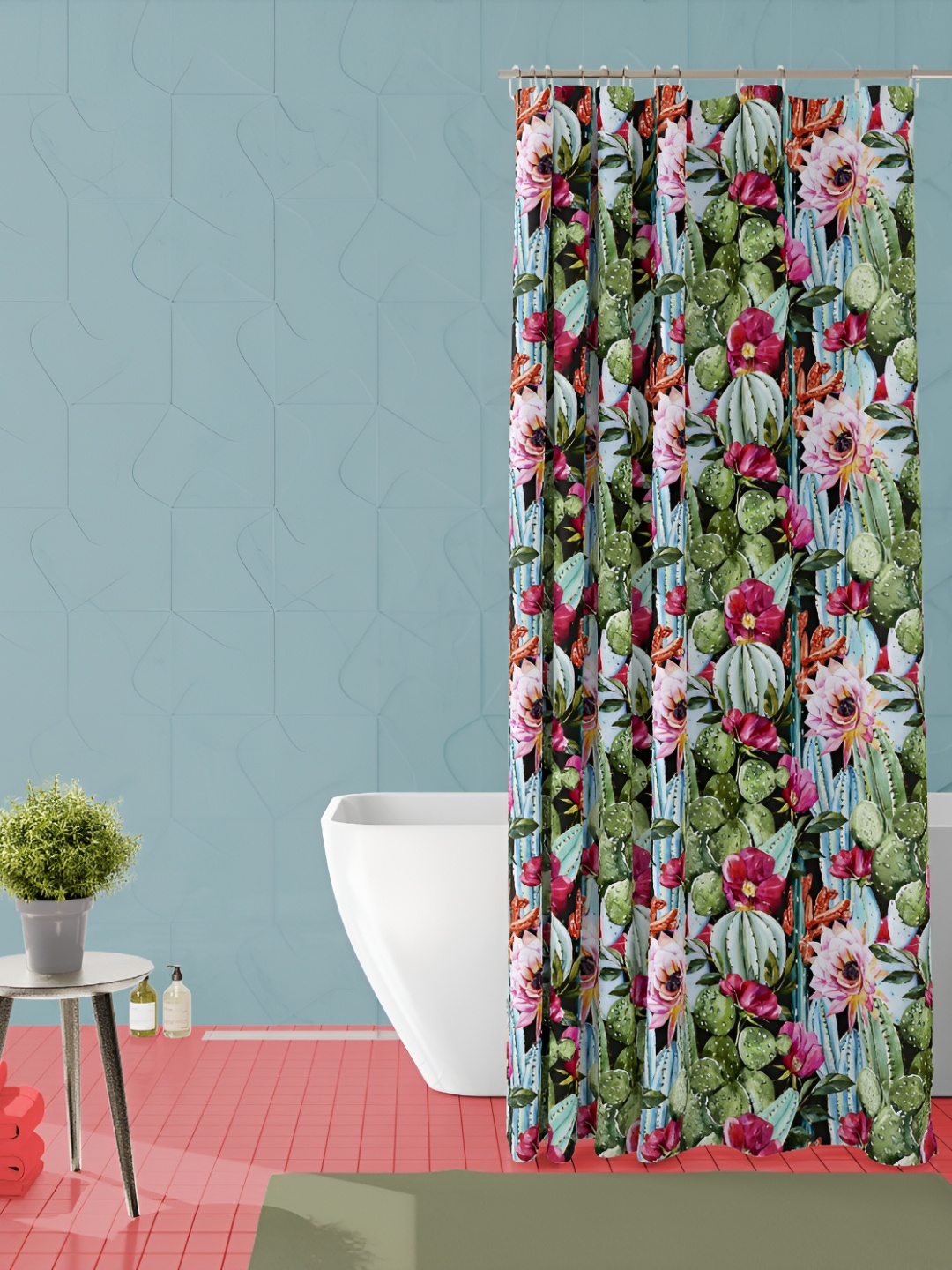 

ArtzFolio Green & Pink Printed Waterproof Shower Curtains