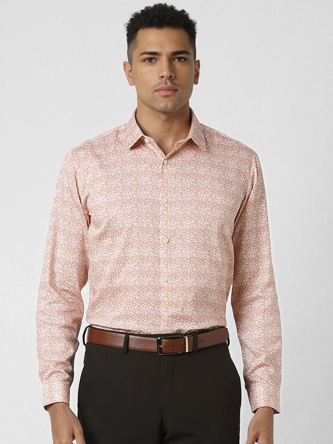 

V Dot Men Spread Collar Floral Printed Cotton Slim Fit Formal Shirt, Peach