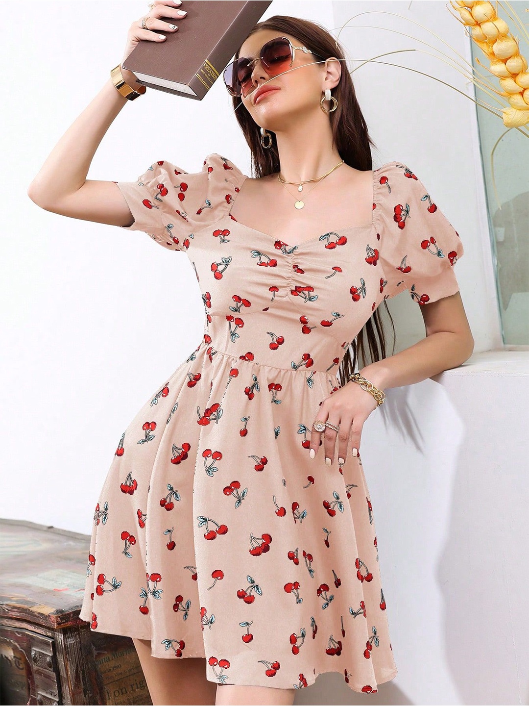 

ELYRAA Conversational Print Cuff Sleeve Sweetheart Neck Fit and Flare Mini Dress, Pink