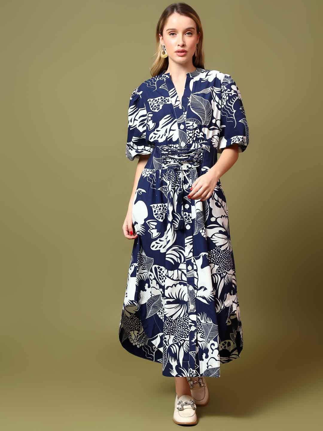 

Saint G Women Floral Printed Mandarin Collar Puff Sleeves Cotton Maxi Dress, Blue