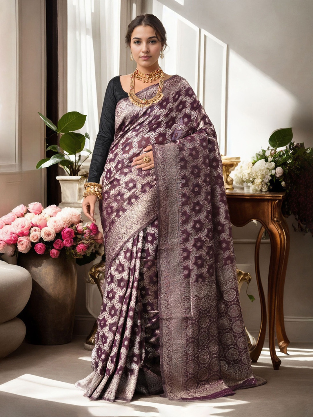

Anouk Woven Design Zari Linen Blend Saree, Burgundy