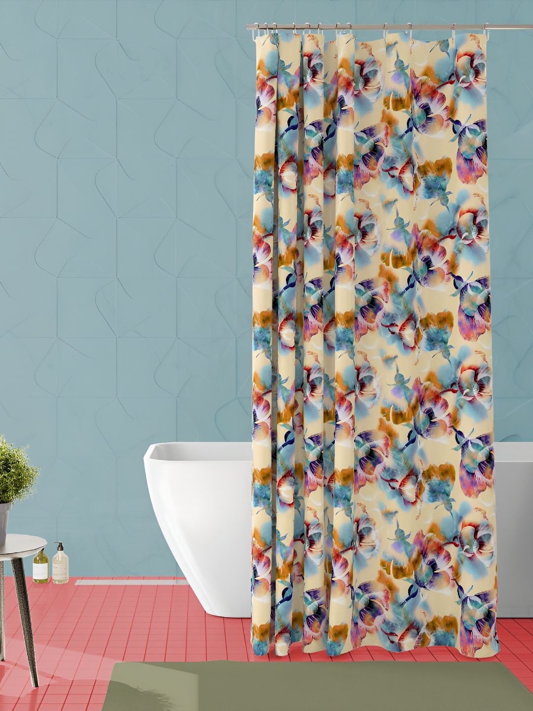 

ArtzFolio Beige & Blue Floral Printed Waterproof Shower Curtain