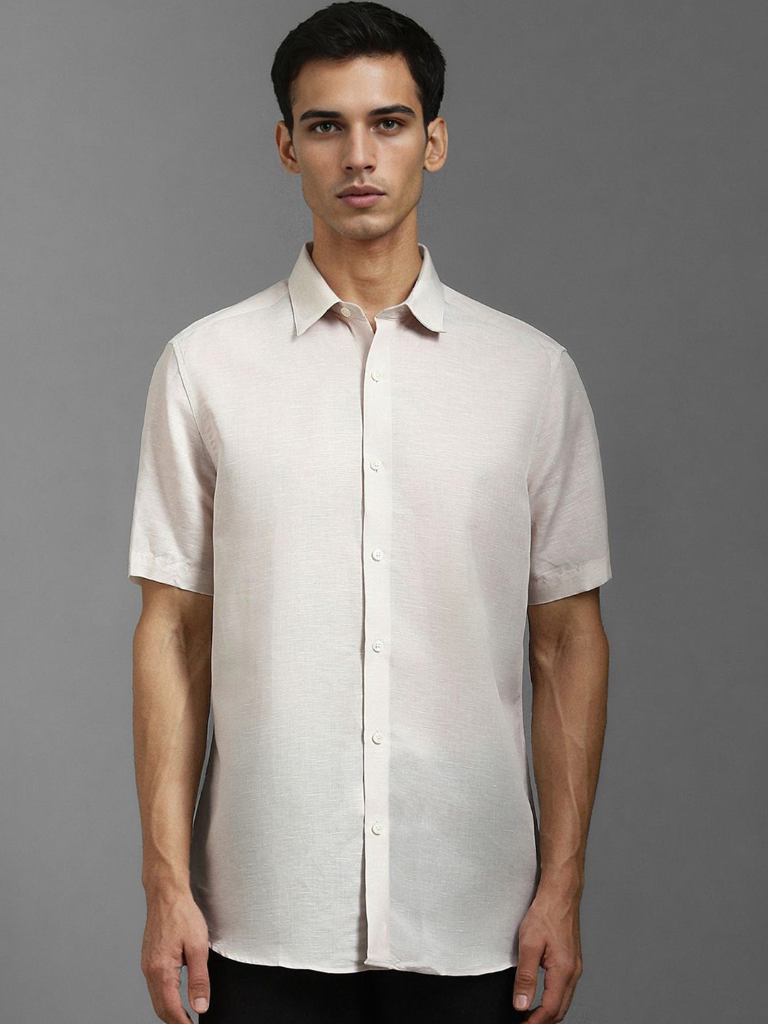 

Louis Philippe Men Classic Spread Collar Solid Linen Formal Shirt, Beige