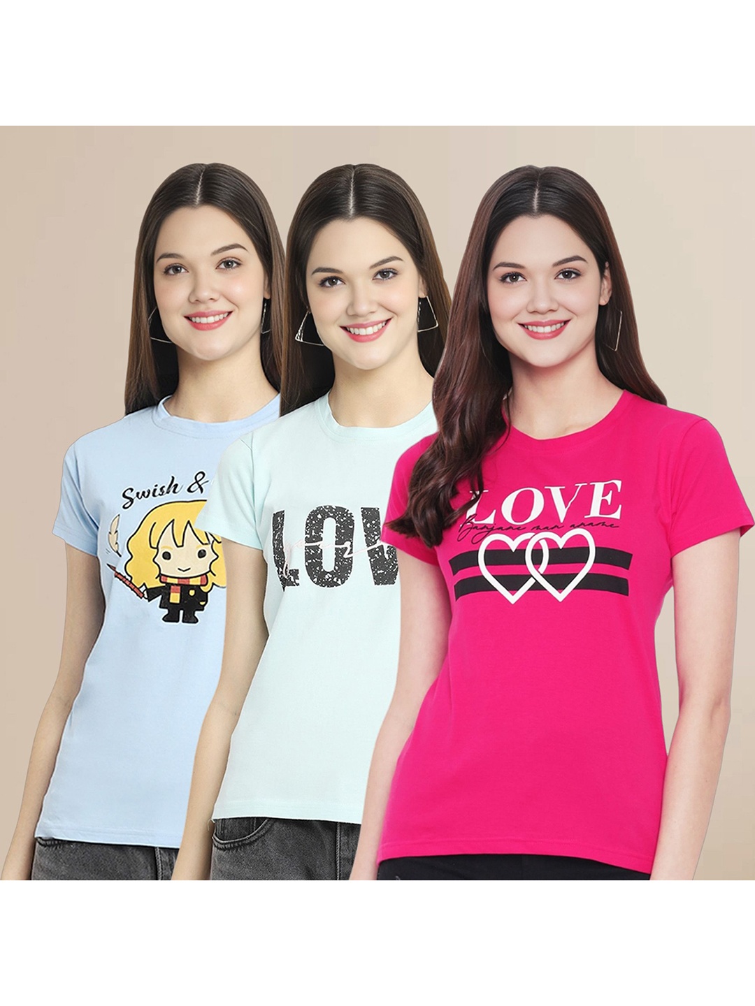 

Metronaut Women Pack Of 3 Typography Printed Round Neck Cotton T-shirts, Blue