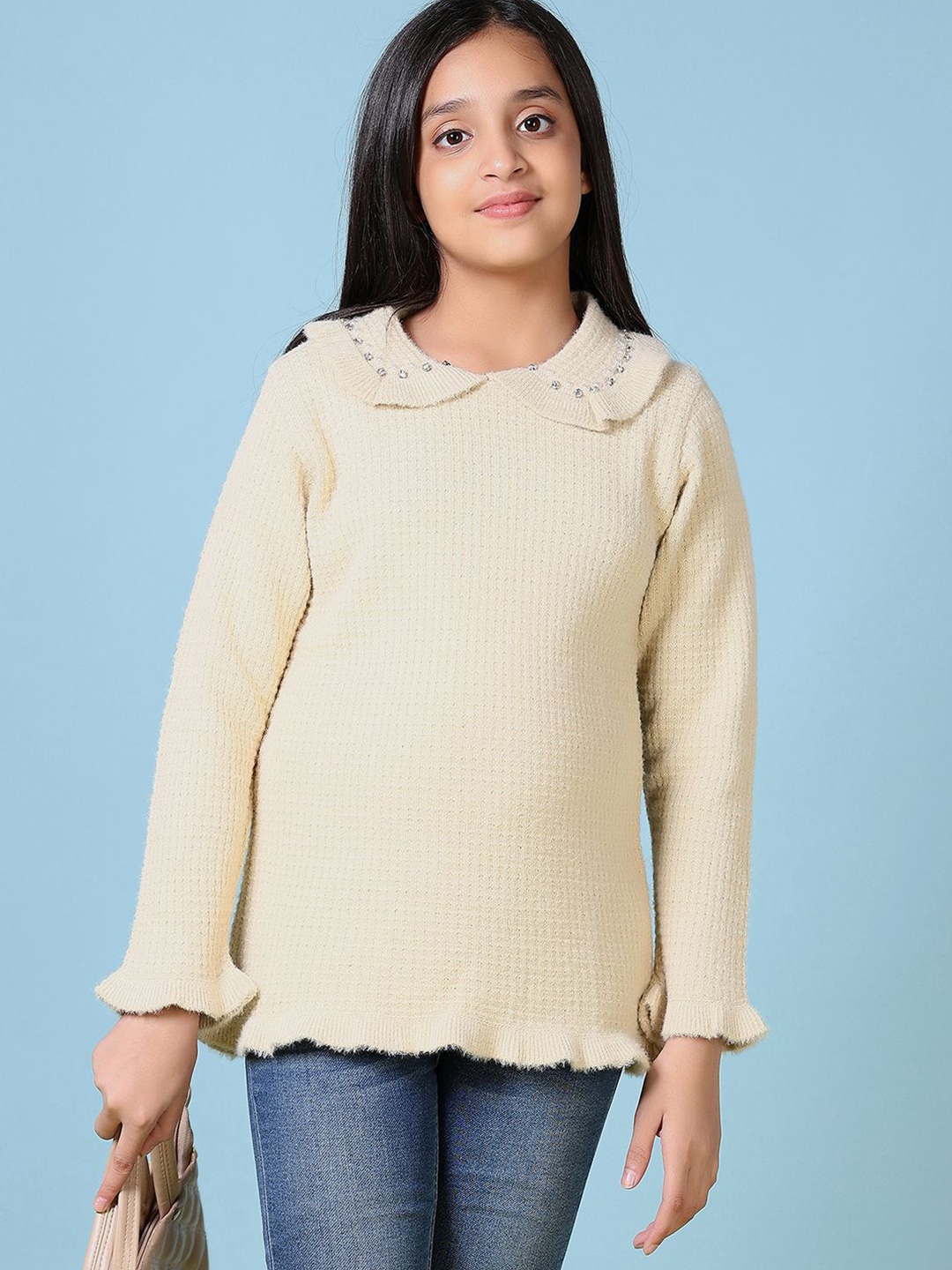 

V-Mart Girls Cotton Striped Self Design Pullover, Beige