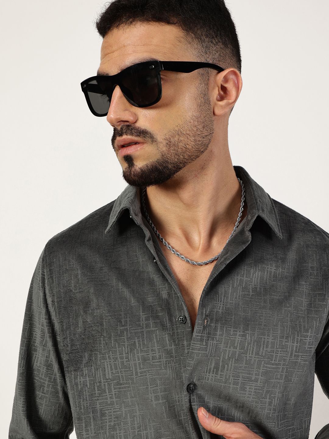 

Thomas Scott Men Premium Spread Collar Textured Slim Fit Casual Shirt, Grey