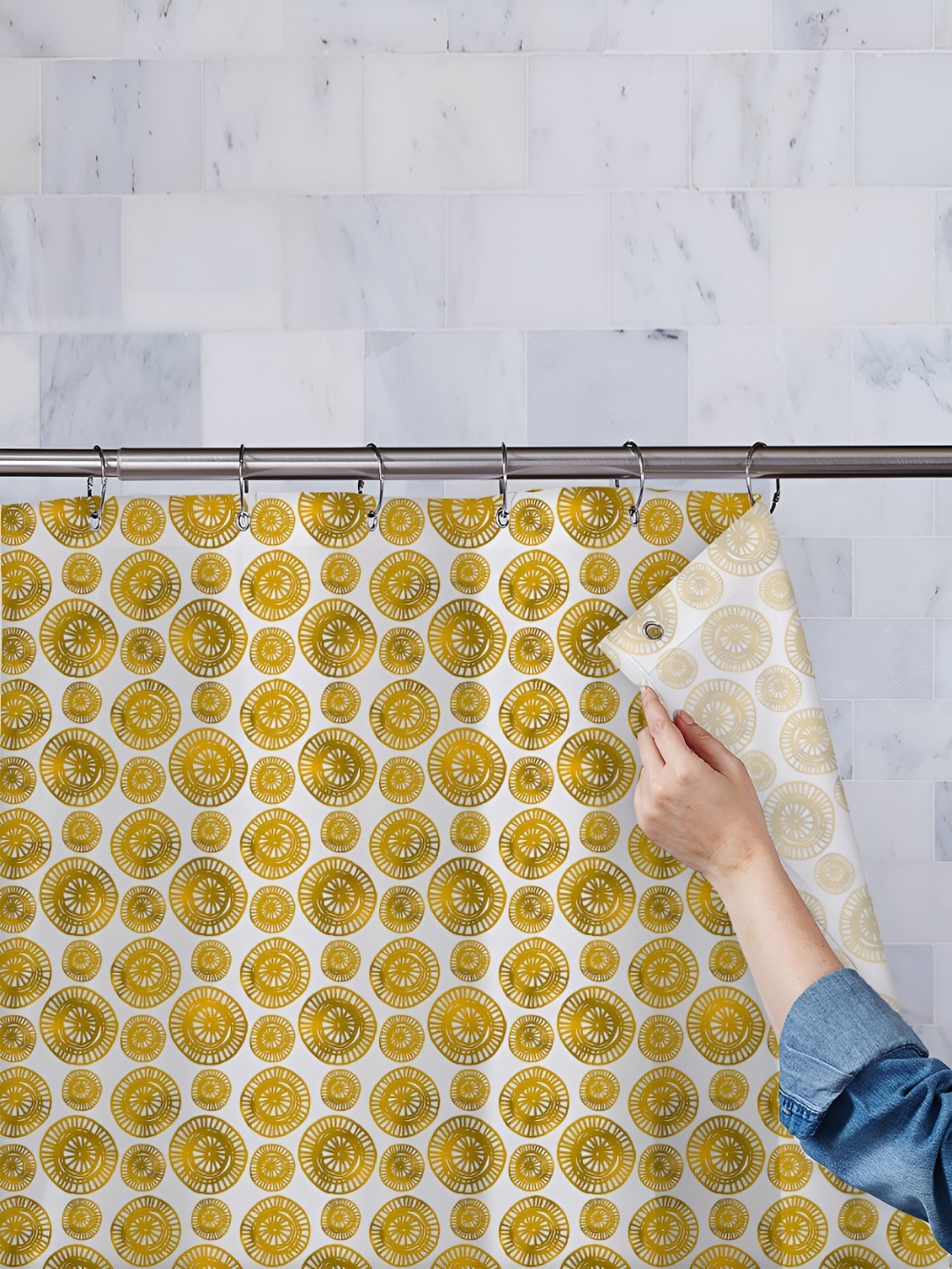 

ArtzFolio White & Yellow Printed Waterproof Shower Curtain