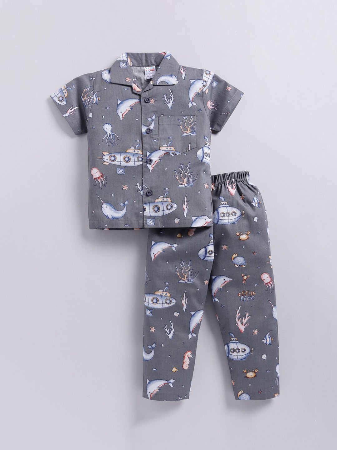 

NAUTI KIDZ Boys Printed Pure Cotton Shirt Collar Night suit, Grey