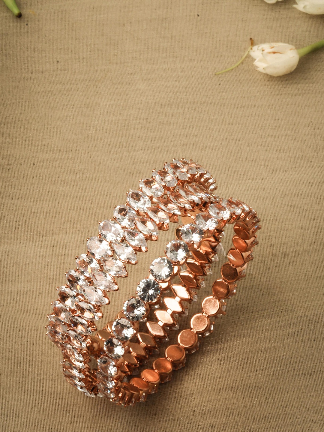 

Mirraw Pack Of 3 American Diamond Rose Gold-Plated Bangle-Style Bracelet