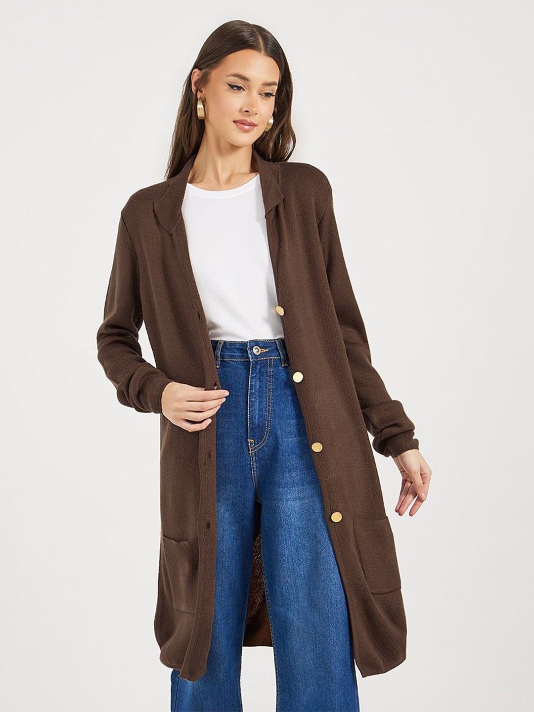 

Styli Women Longline Regular Fit Cardigan, Brown