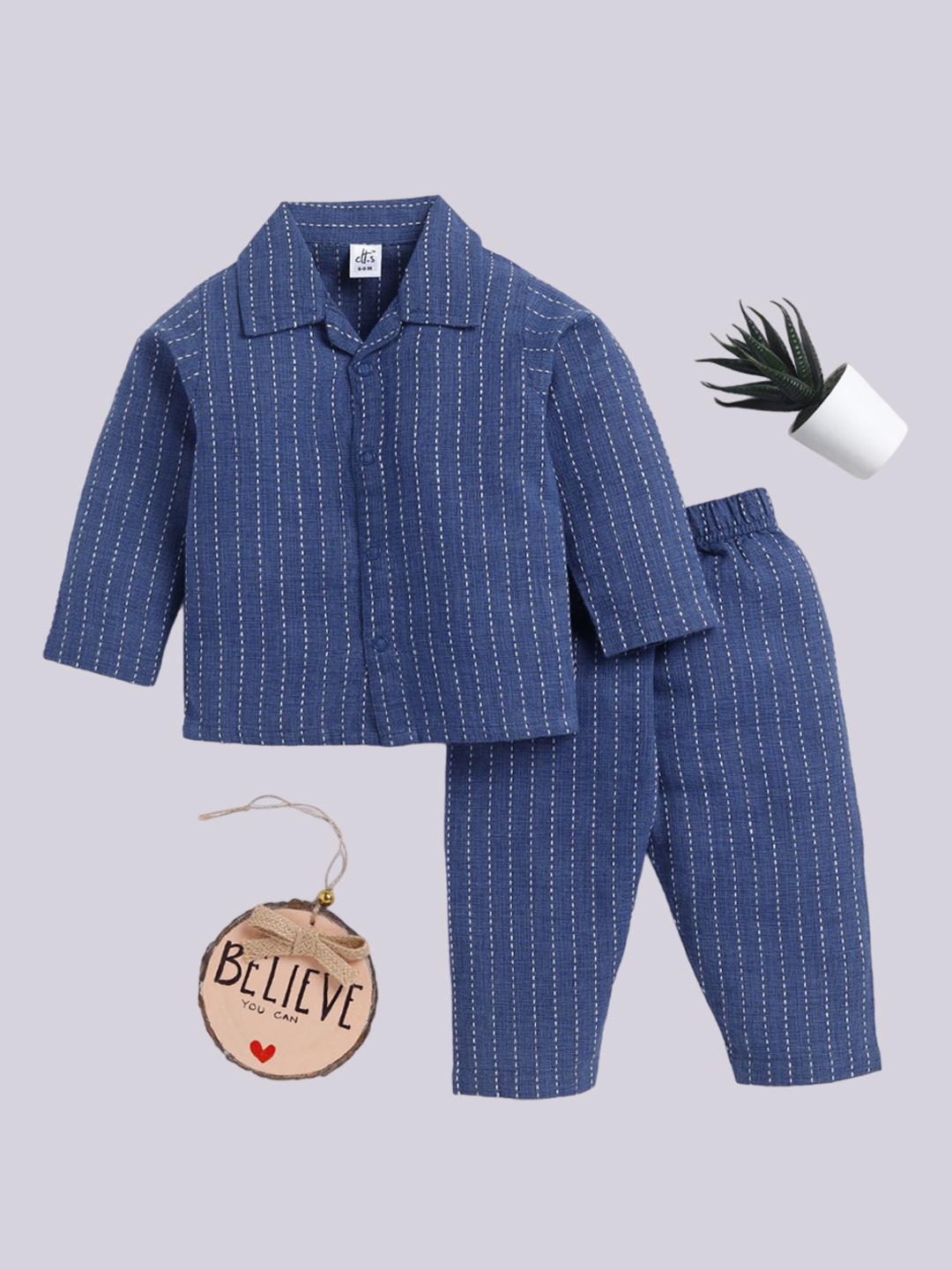 

Clt.s Unisex Kids Pure Cotton Striped Night suit, Blue
