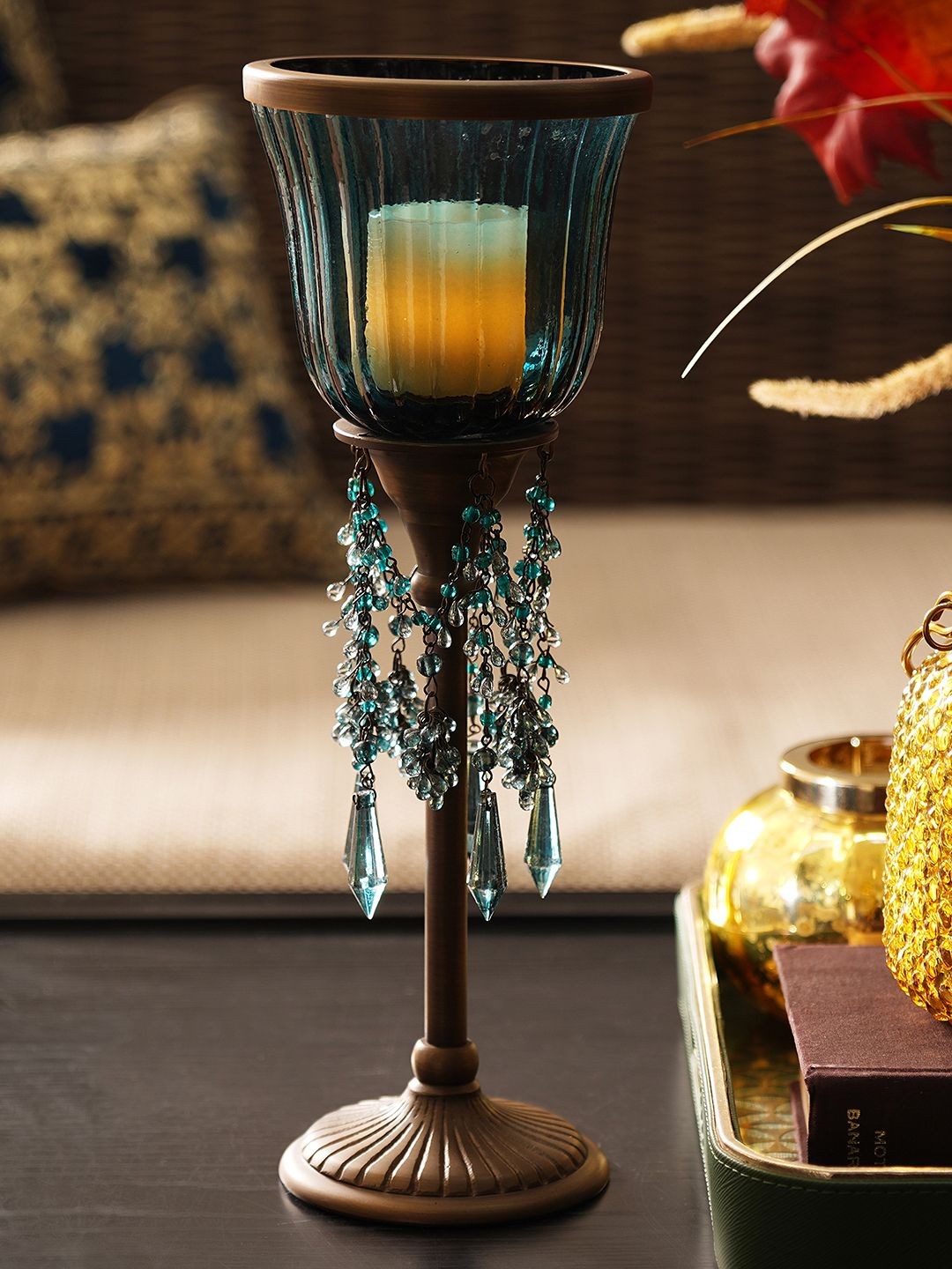 

Pure Home and Living Blue Textured Candle Holder With Stand & Hanging Crystals